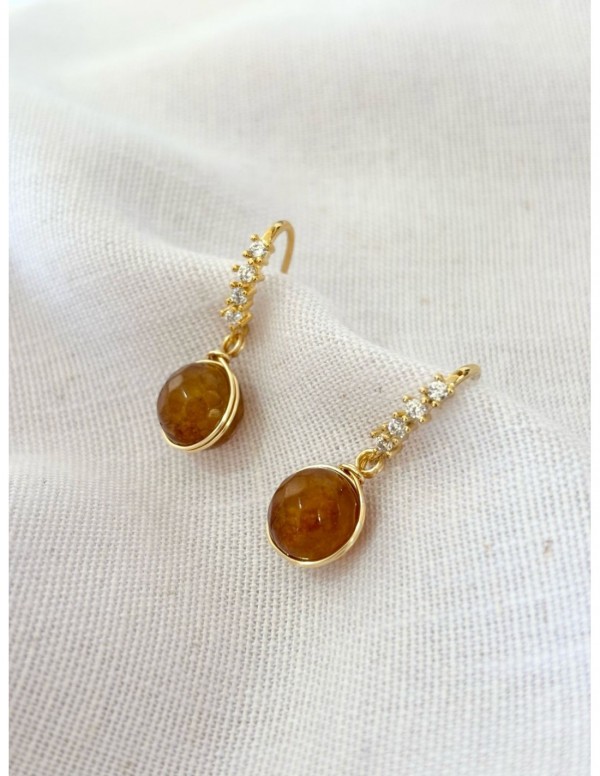 AROS BAÑADOS EN ORO PIEDRA CAFÉ