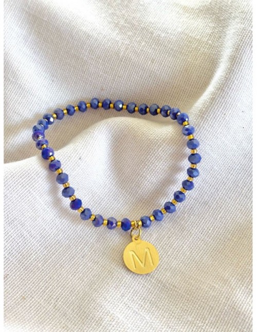 PULSERAS BAÑADAS EN ORO CRISTAL AZUL LETRA M