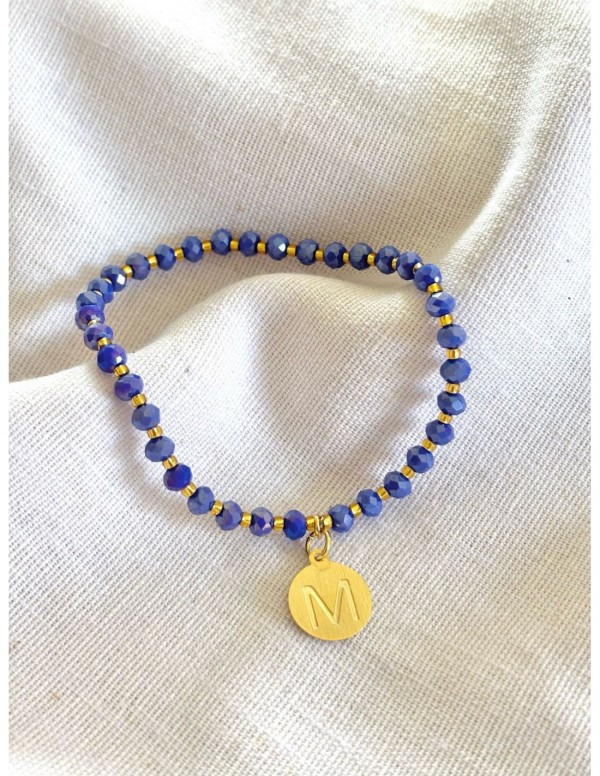 PULSERAS BAÑADAS EN ORO CRISTAL AZUL LETRA M