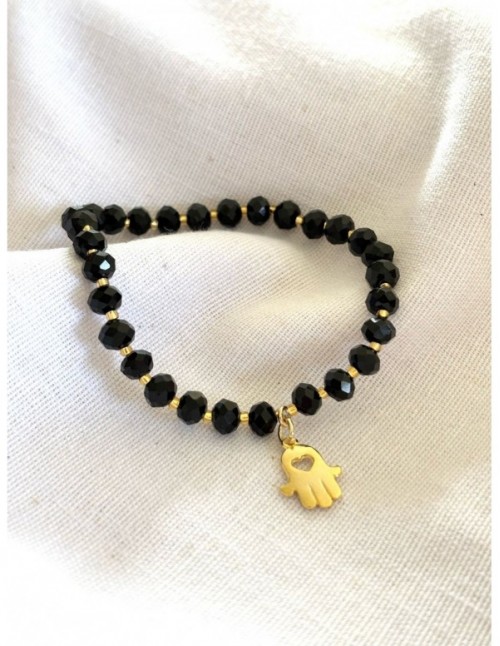 PULSERAS BAÑADAS EN ORO CRISTALES NEGROS MANO