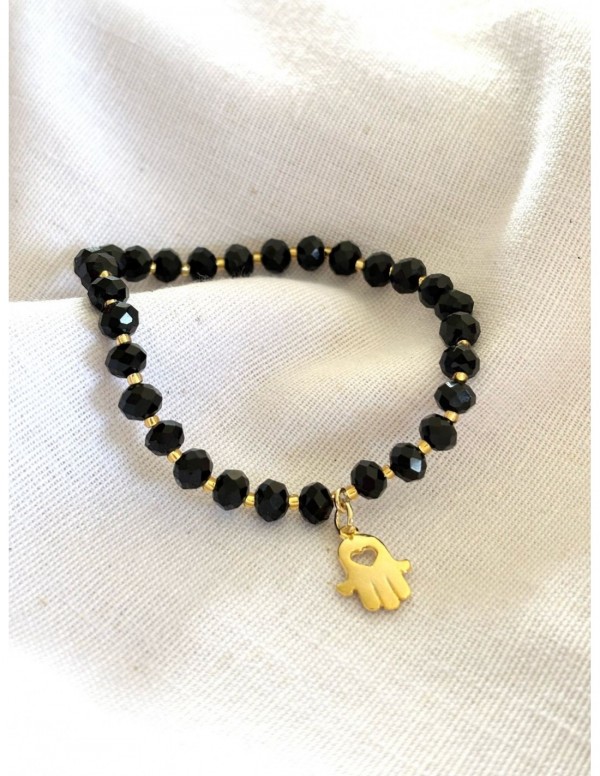 PULSERAS BAÑADAS EN ORO CRISTALES NEGROS MANO