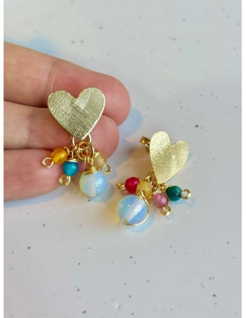 AROS BAÑADOS EN ORO CORAZON AGATAS Y PIEDRA LUNA