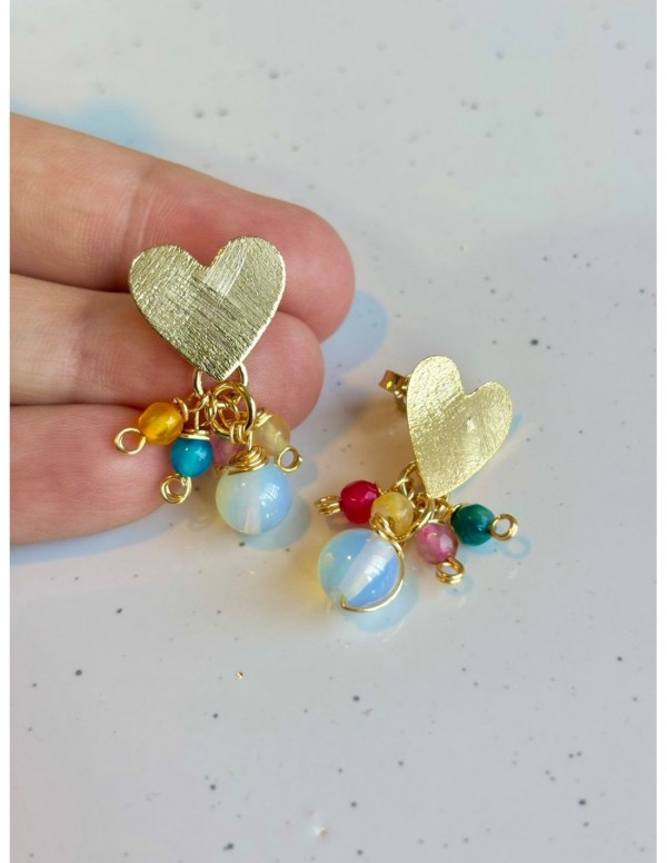 AROS BAÑADOS EN ORO CORAZON AGATAS Y PIEDRA LUNA