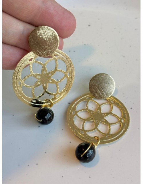AROS BAÑADOS EN ORO MANDALA PIEDRA NEGRA