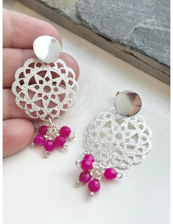 AROS BAÑADOS EN PLATA PIEDRAS FUCSIA