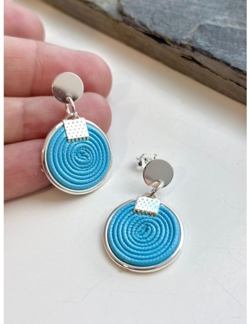 AROS BAÑADOS EN PLATA CUERO SINTETICO CELESTE