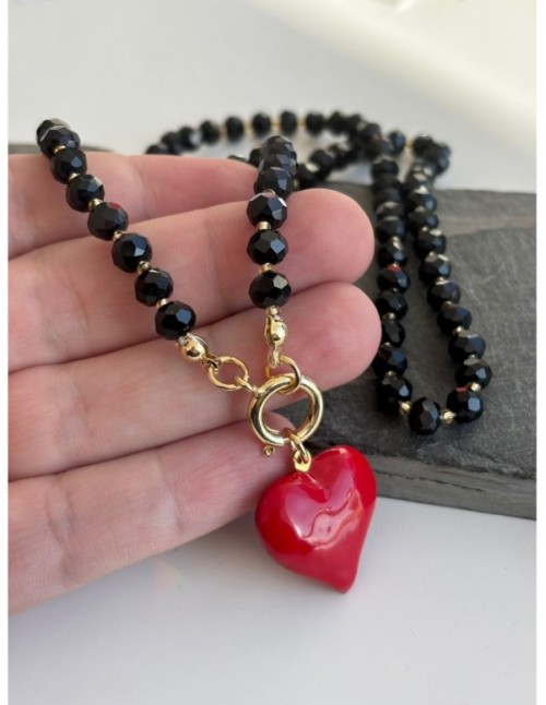 COLLAR 50cms BAÑADO EN ORO CRISTALES NEGROS 6mm CON...