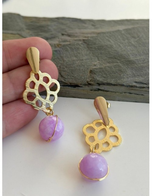 AROS BAÑADOS EN ORO PIEDRA AGATA MORADA