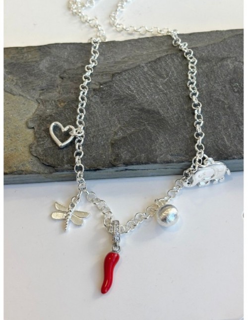 COLLAR ROLO BAÑADO EN PLATA 5 DIJES 45CMS