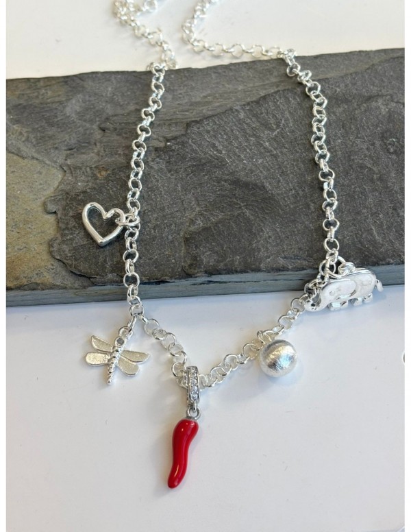 COLLAR ROLO BAÑADO EN PLATA 5 DIJES 45CMS