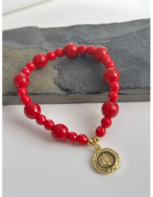 PULSERA BAÑADA EN ORO PIEDRA ROJA DIJE VIRGEN GUADALUPE