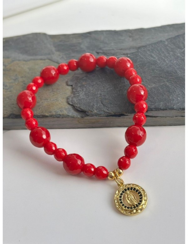 PULSERA BAÑADA EN ORO PIEDRA ROJA DIJE VIRGEN GUADALUPE