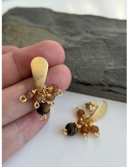 AROS BAÑADOS EN ORO PIEDRAS AGATAS Y OJO DE TIGRE