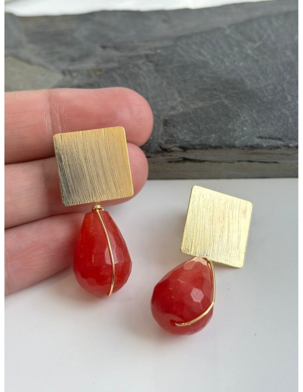 AROS BAÑADOS EN ORO PIEDRA GOTA AGATA ROJA