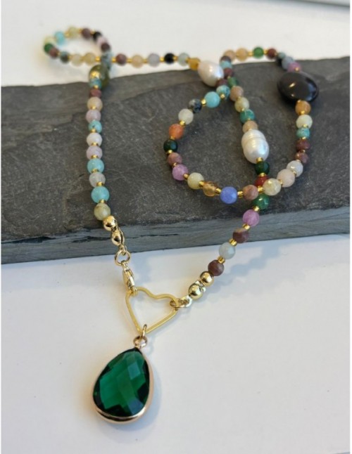 COLLAR BAÑADO EN ORO PIEDRAS AGATAS Y PERLAS DE RIO