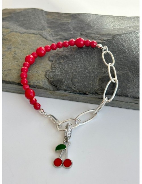 PULSERA BAÑADA EN PLATA CRISTALLES ROJOS