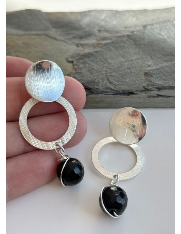 AROS BAÑADOS EN PLATA PIEDRA NEGRA 10MM