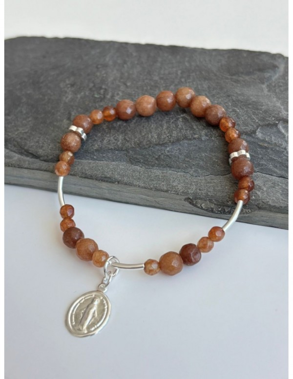 PULSERA BAÑADA EN PLATA PIEDRA CAFÉ