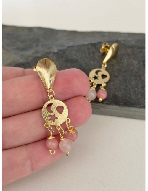 AROS BAÑADOS EN ORO PIEDRA ROSADA