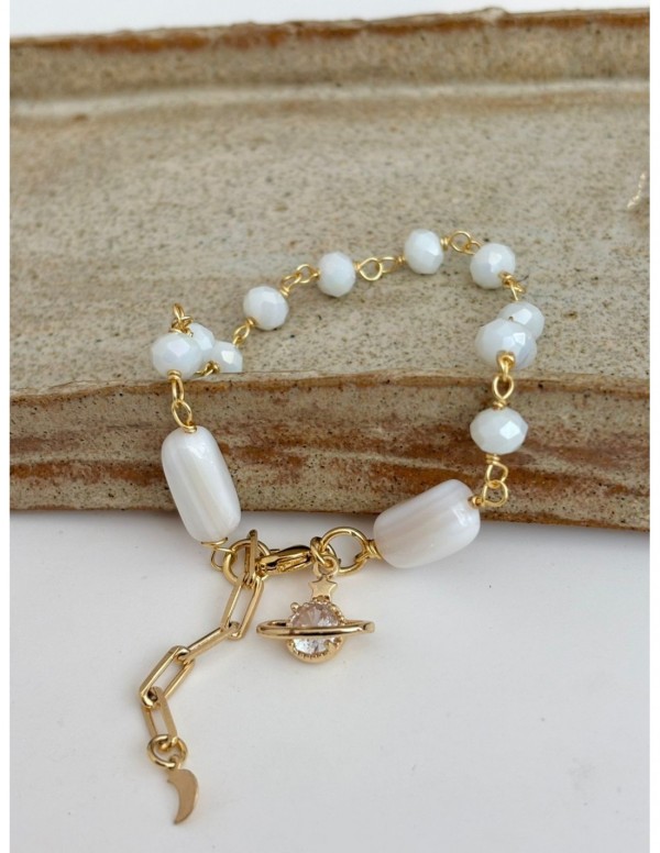 PULSERA BAÑADA EN ORO PIEDRA BLANCA