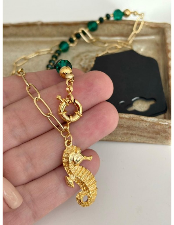 COLLARES BAÑADO EN ORO PIEDRA VERDE