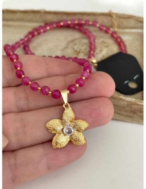 COLLARES BAÑADO EN ORO PIEDRA FUCSIA