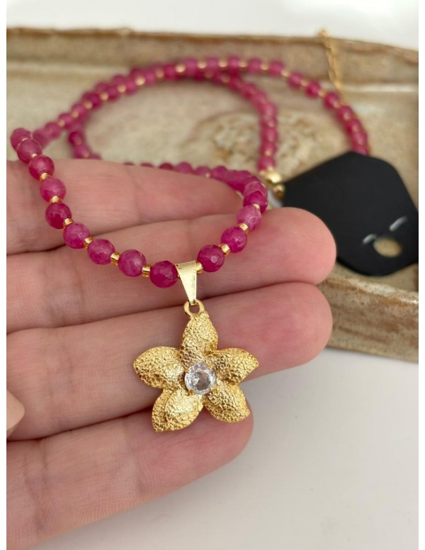 COLLARES BAÑADO EN ORO PIEDRA FUCSIA