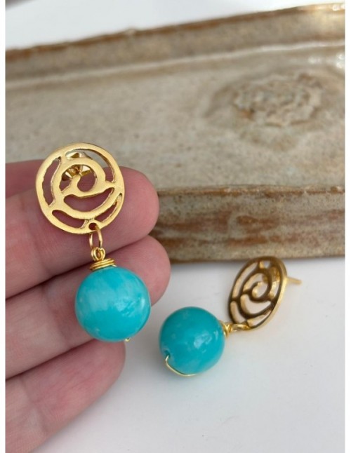 AROS BAÑADOS EN ORO PIEDRA CELESTE