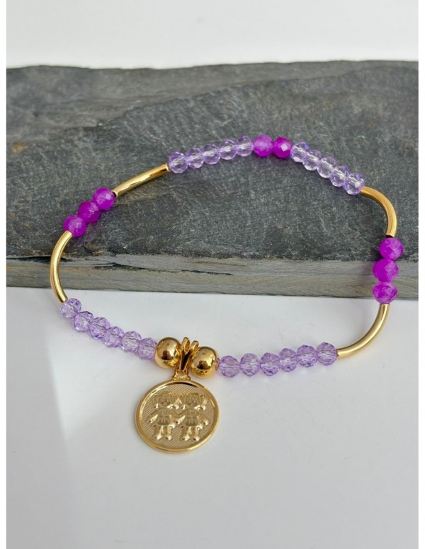 PULSERA BAÑADA EN ORO  CRISTALES MORADOS