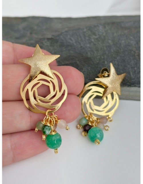 AROS BAÑADOS EN ORO PIEDRA VERDE