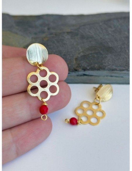 AROS BAÑADOS EN ORO PIEDRA ROJA