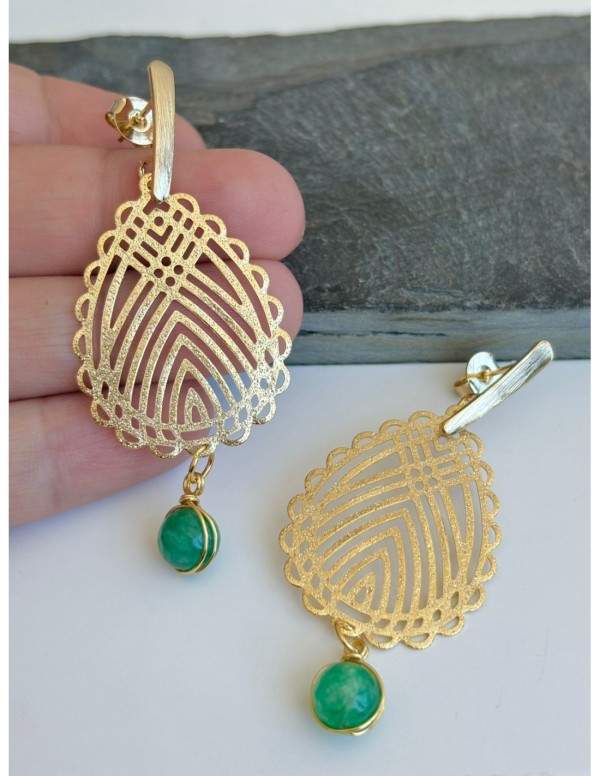 AROS BAÑADOS EN ORO PIEDRA VERDE