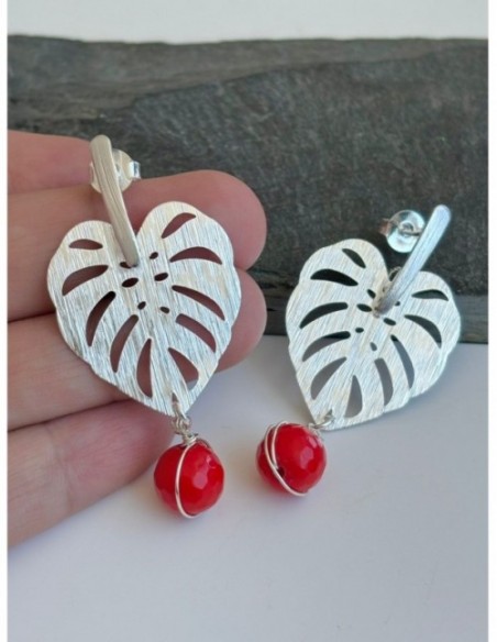 AROS BAÑADOS EN PLATA HOJA PIEDRA ROJA