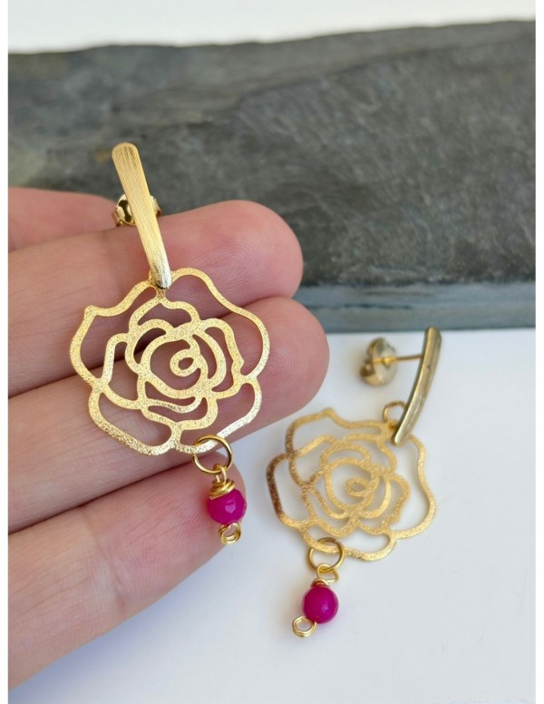 AROS BAÑADOS EN ORO PIEDRA FUCSIA