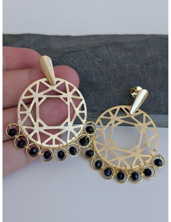 AROS BAÑADOS EN ORO CRISTALES NEGROS