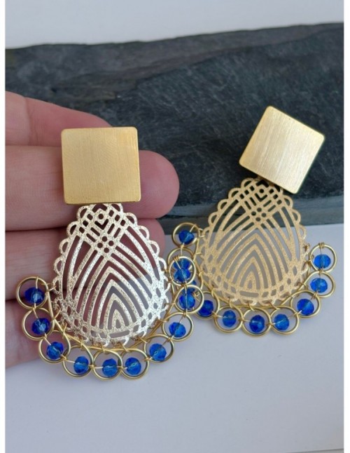 AROS BAÑADOS EN ORO CRISTALES AZULES