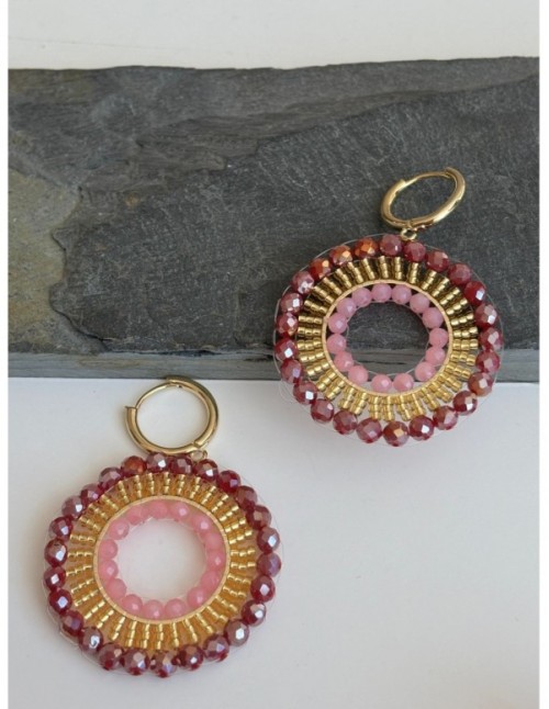 AROS BAÑADOS EN ORO CRISTALES CAFÉ Y ROSADOS