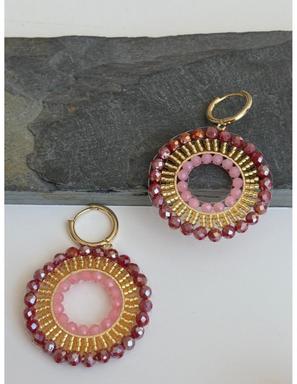 AROS BAÑADOS EN ORO CRISTALES CAFÉ Y ROSADOS