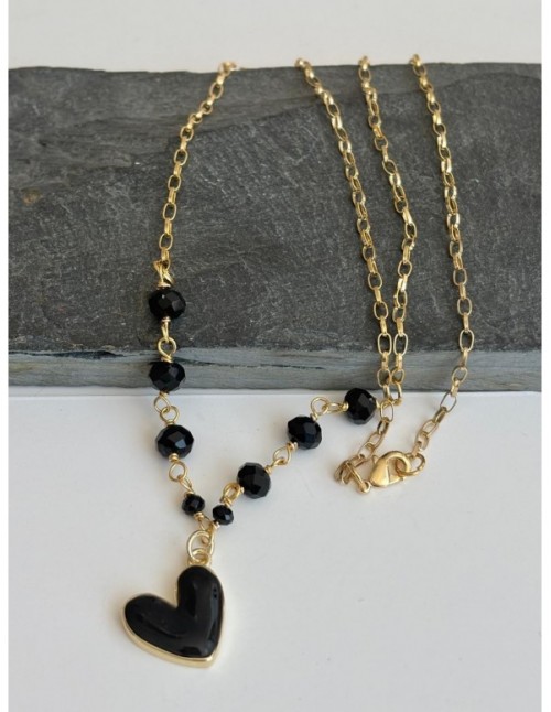COLLARES BAÑADOS EN ORO CORAZON NEGRO 50CMS