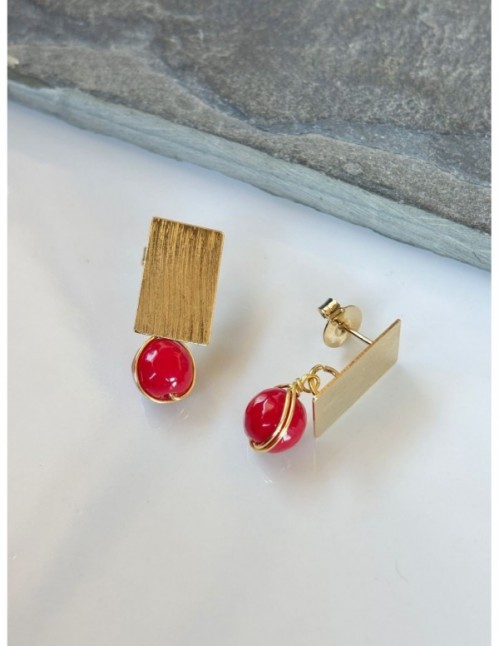AROS BAÑADOS EN ORO PIEDRA ROJA
