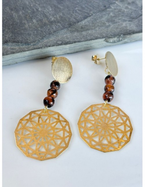 AROS BAÑADOS EN ORO PIEDRA CAFÉ