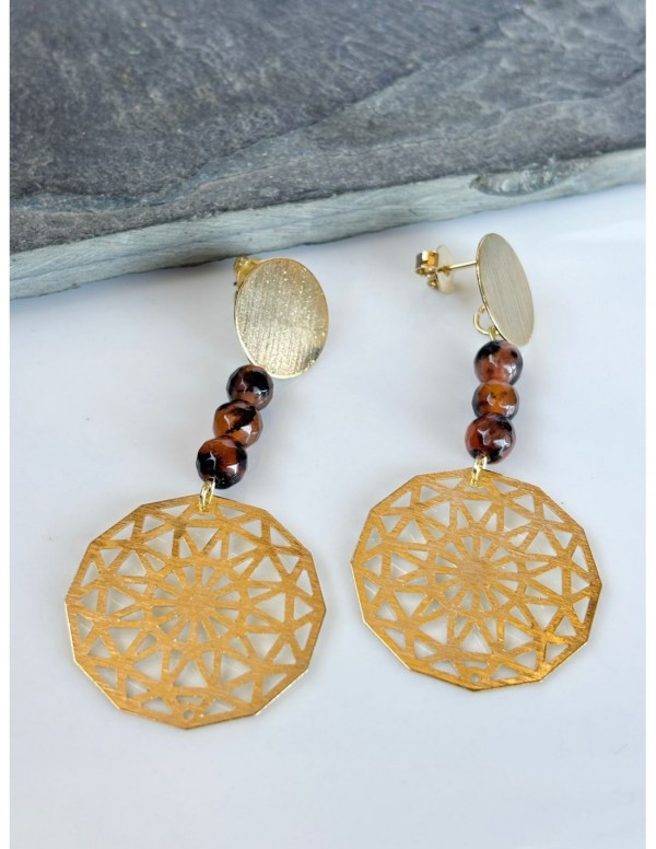 AROS BAÑADOS EN ORO PIEDRA CAFÉ