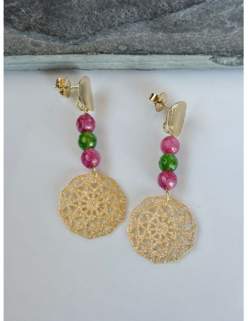 AROS BAÑADOS EN ORO PIEDRAS MORADA Y VERDES