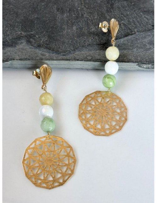 AROS BAÑADOS EN ORO PIEDRAS MORADA Y VERDES