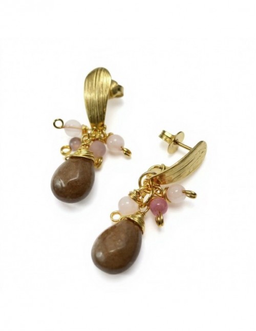 AROS BAÑADOS EN ORO PIEDRA CAFÉ