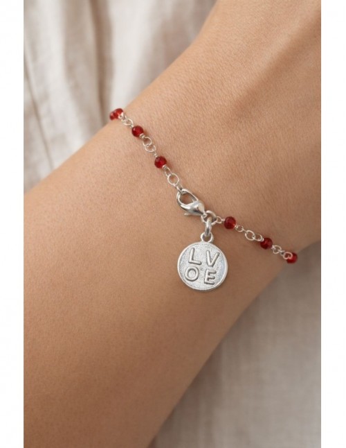 PULSERA BAÑADA EN PLATA LOVE CRISTALES ROJOS 2