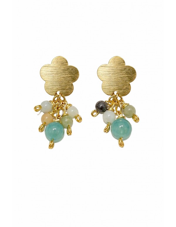 AROS FLOR BAÑADOS EN ORO PIEDRA AMAZONITA