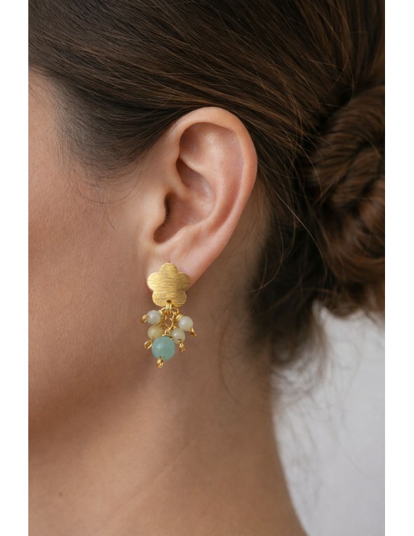 AROS FLOR BAÑADOS EN ORO PIEDRA AMAZONITA