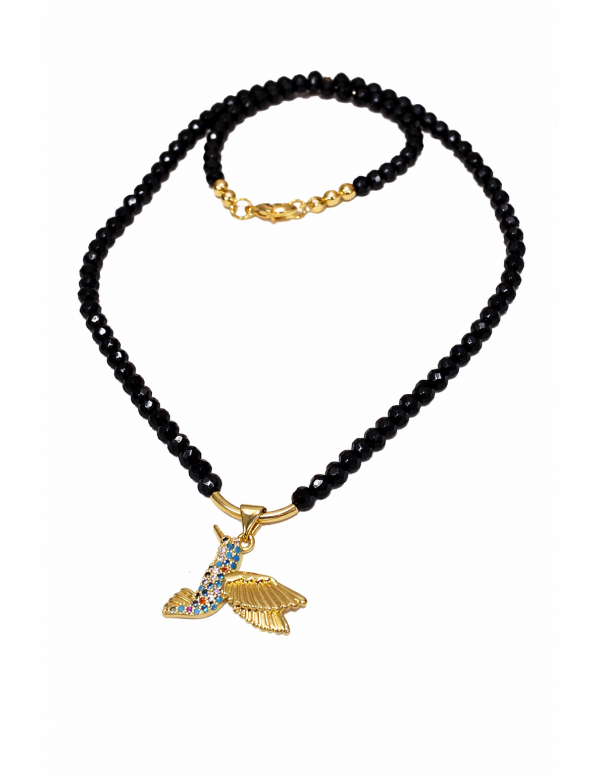 COLLAR BAÑADO EN ORO CRISTALES NEGROS COLIBRI