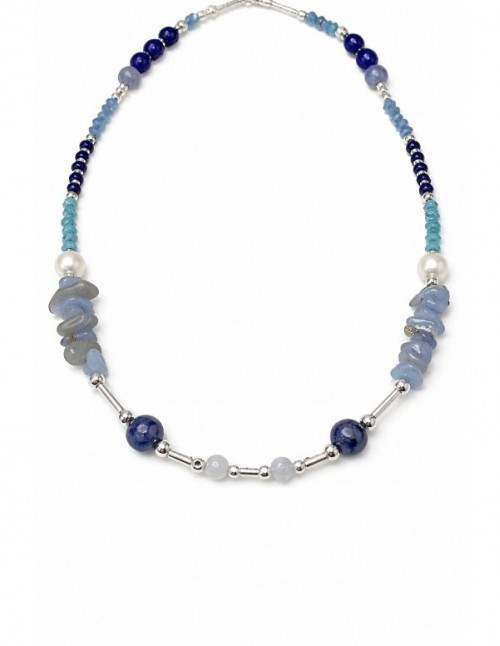 COLLARES BAÑADOS EN PLATA PIEDRAS AZULES Y CELESTES